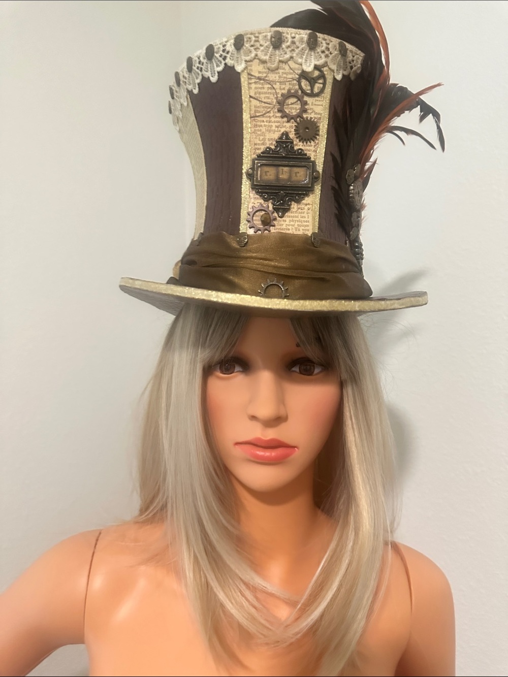 Custom made Steampunk Brown & Gold Top Hat with Feather Trim